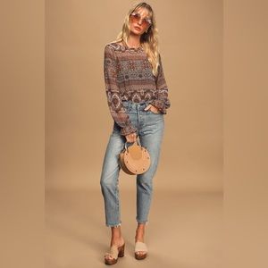 Lulu’s Wonderment Rust Brown Print Long Sleeve Bodysuit